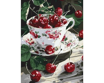 Cherry Delight paint by number kit with FRAME! Color by numbers kit. Floral Adult coloring kit. Paint by numbers for adults