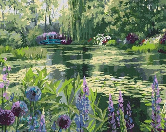 Monet's Garden In Giverny paint by number kit with Frame! Color by numbers kit. Adult coloring kit. Modern paint by number.
