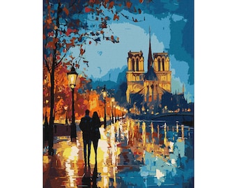 Night Walk in Paris - Paint by Number KIT with Frame and metallic paints! Adult coloring kit. Modern paint by number. Made in Ukraine