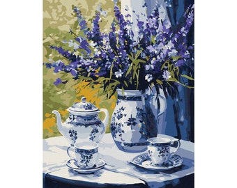 Lavender Tea Time - Paint by Number KIT with Frame! Breakfast color by numbers kit. Adult coloring kit. Modern paint by number. Perfect Gift