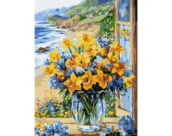 Floral Coast - Paint by Number KIT with Frame! Flower Color by numbers kit. Floral adult coloring kit. Modern paint by number