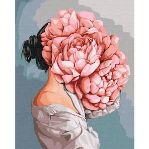 Girl in Peonies - paint by number kit with FRAME! Color by numbers kit. Floral Adult coloring kit. Paint by numbers for adults