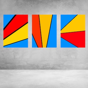 May include: A triptych of three rectangular wall art panels featuring geometric compositions. Each panel displays bold sections of primary red, bright yellow, and vibrant blue, separated by thick black lines creating angular, radiating patterns.