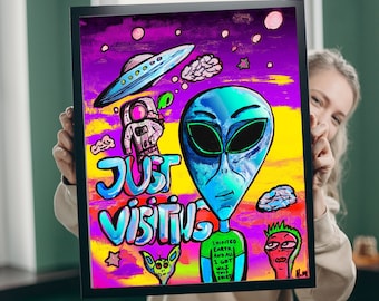 DIGITAL: Print Alien Art Ufo Wall Art Funny Ufo Alien Poster Funny Wall Art Printable Art  Wall Decor For Sci-Fi Fans Colorful Alien Pop Art