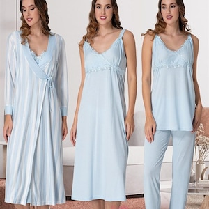 LohusaHamile 9036 Maternité, allaitement, allaitement, pyjama et chemise de nuit avec peignoir à rayures pour l&#39;hôpital, votre sac