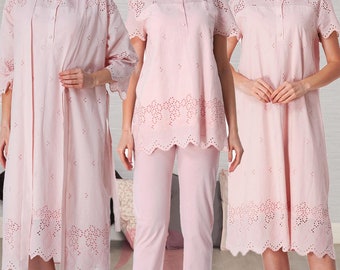 LohusaHamile 9026 Pyjama de maternité en tissu festonné, chemise de nuit de maternité avec peignoir