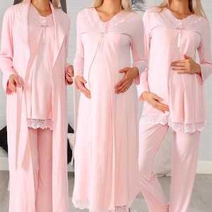LohusaHamile 6036 Pink Maternity Pajamas Maternity Nightgown Set with Robe