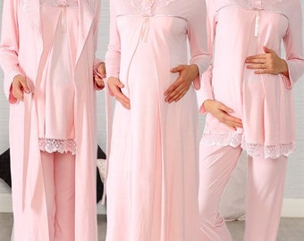 LohusaHamile 6036 roze zwangerschapspyjama zwangerschapsnachthemd met badjas