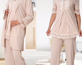 LohusaHamile 6034 Milky Brown Maternity Pajamas and Robe