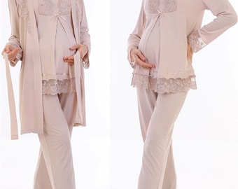 LohusaHamile Beige kleur zwangerschapspyjama en -badjas