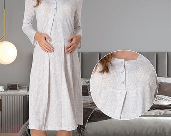 LohusaHamile 9073 New Model Maternity Nursing Breastfeeding Night gown for Hospital Bag and Homewear