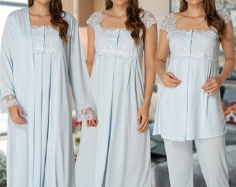 LohusaHamile 2305 Blue Maternity Pajamas Maternity Nightgown Set with Robe I 4 Pieces Maternity Set