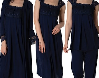 LohusaHamile 2305 Navy Blue Maternity Pajamas Maternity Nightgown Set with Maternity Robe I 4-Pieces Maternity Set