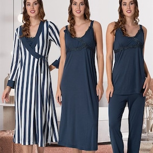 LohusaHamile 9036 Maternité, allaitement, allaitement, pyjama et chemise de nuit avec peignoir à rayures pour l&#39;hôpital, votre sac