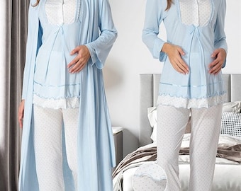Ensemble pyjama de maternité en coton avec peignoir, pyjama d'allaitement