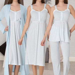 Lohusa Hamile 4096 pyjamas de maternité et ensembles de maternité à rayures en coton bleu pour hôpital
