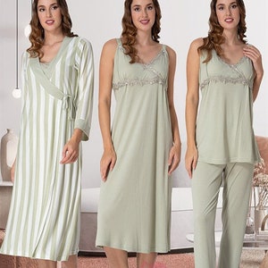 LohusaHamile 9036 Maternité, allaitement, allaitement, pyjama et chemise de nuit avec peignoir à rayures pour l&#39;hôpital, votre sac