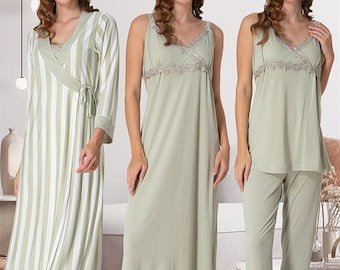 LohusaHamile 9036 Maternity Nursing Breastfeeding Pajama and Nightgown with Striped Pattern Robe for Hospital your Bag