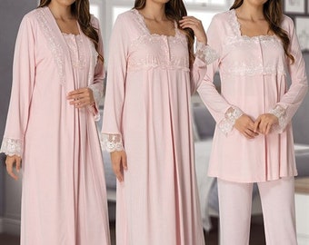 LohusaHamile 2405 Pink Maternity Pajamas Maternity Nightgown Set with Robe