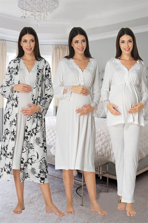 LohusaHamile 8096 Ecru Floral estampado pijama de maternidad