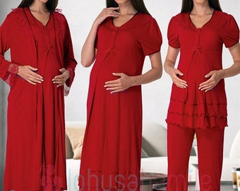 LohusaHamile 8026 Cherry Color Maternity Pajamas Maternity Nightgown Set with Robe