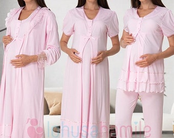 LohusaHamile 8026 Pink Maternity Pajamas Maternity Nightgown Set with Robe