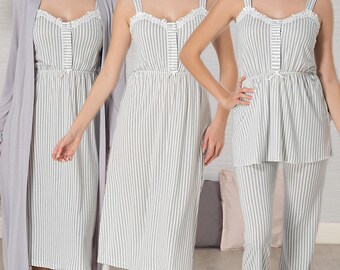 Lohusa Hamile 4096 pyjamas de maternité et ensembles de maternité à rayures en coton gris pour hôpital