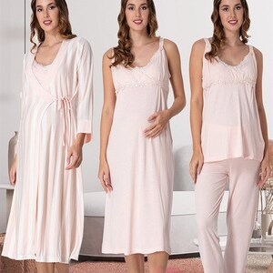 LohusaHamile 9036 Salmon Maternity Nursing Breastfeeding Pajama and Nightgown with Striped Pattern Robe for Hospital your Bag