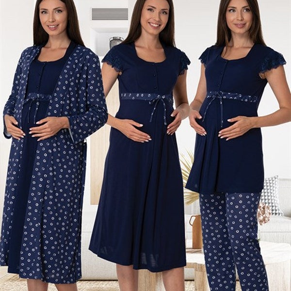 LohusaHamile 6015 Navy Blue Maternity Pajamas Maternity Nightgown Set with Robe I 4 Pieces Maternity Set