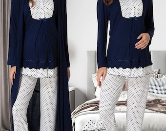 Ensemble pyjama de maternité en coton avec peignoir, pyjama d'allaitement