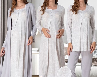 LohusaHamile 9076 New Model Maternity Pajamas Maternity Labor Nursing Delivery Hospital Gown Set with Robe