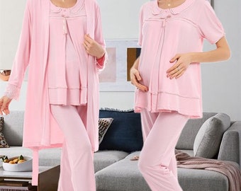 LohusaHamile 1074 Pink Maternity Pajamas and Robe I Maternity Clothes