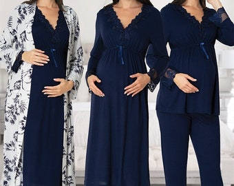 LohusaHamile 8096 Navy Blue Floral Printed Maternity Pajamas Maternity Nightgown Set with Robe