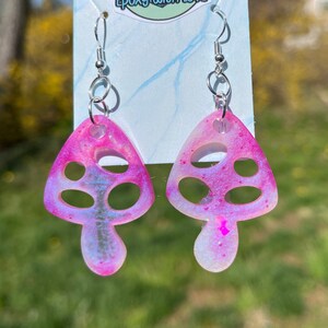 Pink/ White Rainbow Reflective Mushroom Earrings on 925 Sterling Sliver