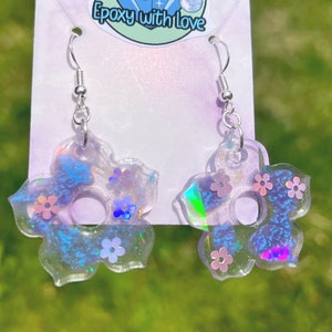 Purple and Clear Rainbow Reflective Flower Shaped Earrings with Flower Glitter on 925 Sterling Sliver
