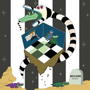 Peut inclure: Illustration fantaisiste d'un alligator de dessin animé avec un corps rayé noir et blanc. La bouche de l'alligator révèle une pièce miniature avec un sol à carreaux et des personnages de dessins animés. Une pierre tombale indique "BEETLE GIZZARD Till forever."