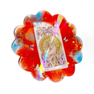 Tarotkaart - The Wheel rood en blauw met vlinders en bladgoud reflecterende regenboog onderzetter