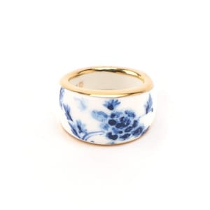 Traditional Korean Pattern Motif Design Ring, Blue and White Porcelain Peony Pattern, Ceramic ring, Luxurious ring with gold hand painting