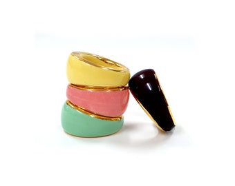 Colorful Ring, Spring ring, Ceramic ring, Luxurious ring with gold hand painting,porcelain ring, Rainbow color,Pastel,Cute ring