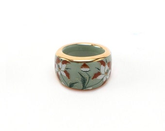 Traditional Korean Pattern Motif Design Ring, Celadon Inlaid Peony,Ceramic ring, Luxurious ring with gold hand painting, Goryeo Celadon ring