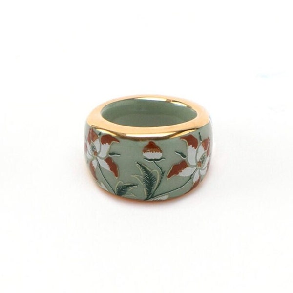 Bague design motif traditionnel coréen, pivoine céladon incrustée, bague en céramique, bague luxueuse avec peinture à la main en or, bague Goryeo céladon