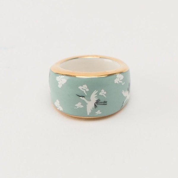 Traditional Korean Pattern Motif Design Ring, Celadon with crane on the cloud, Ceramic ring, Luxurious ring with gold hand painting