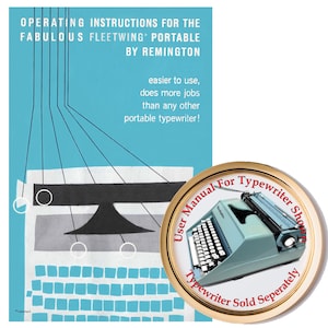 May include: A vintage, blue and black typewriter with a gold-colored user manual. The manual has the text "User Manual For Typewriter Shown Typewriter Sold Seperately".