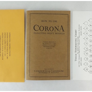 1930s Corona Flattop Typewriter User Instruction Manual, Finger Chart and Envelope.