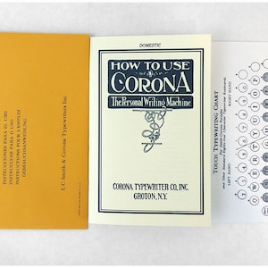 Corona Three Folding Typewriter User Instruction Manual, Finger Chart and Envelope.