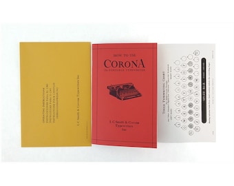 Manual de instrucciones del usuario de la máquina de escribir Corona Four, tabla de dedos y sobre.