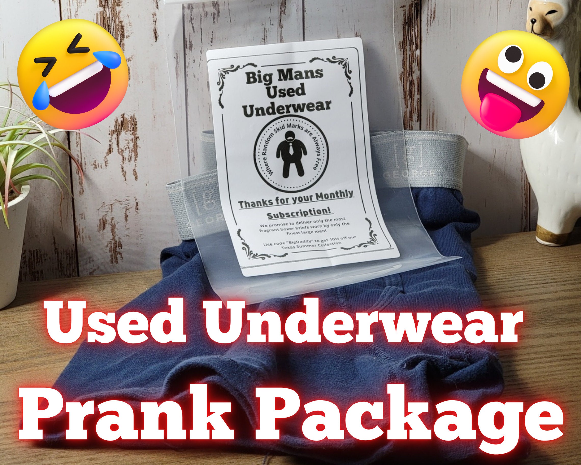 Big Mans's Underwear Prank Package, Clear Envelope With Embarrassing Label,  Contains 1 Pair of Washed/clean, but Used Boxer Briefs. 