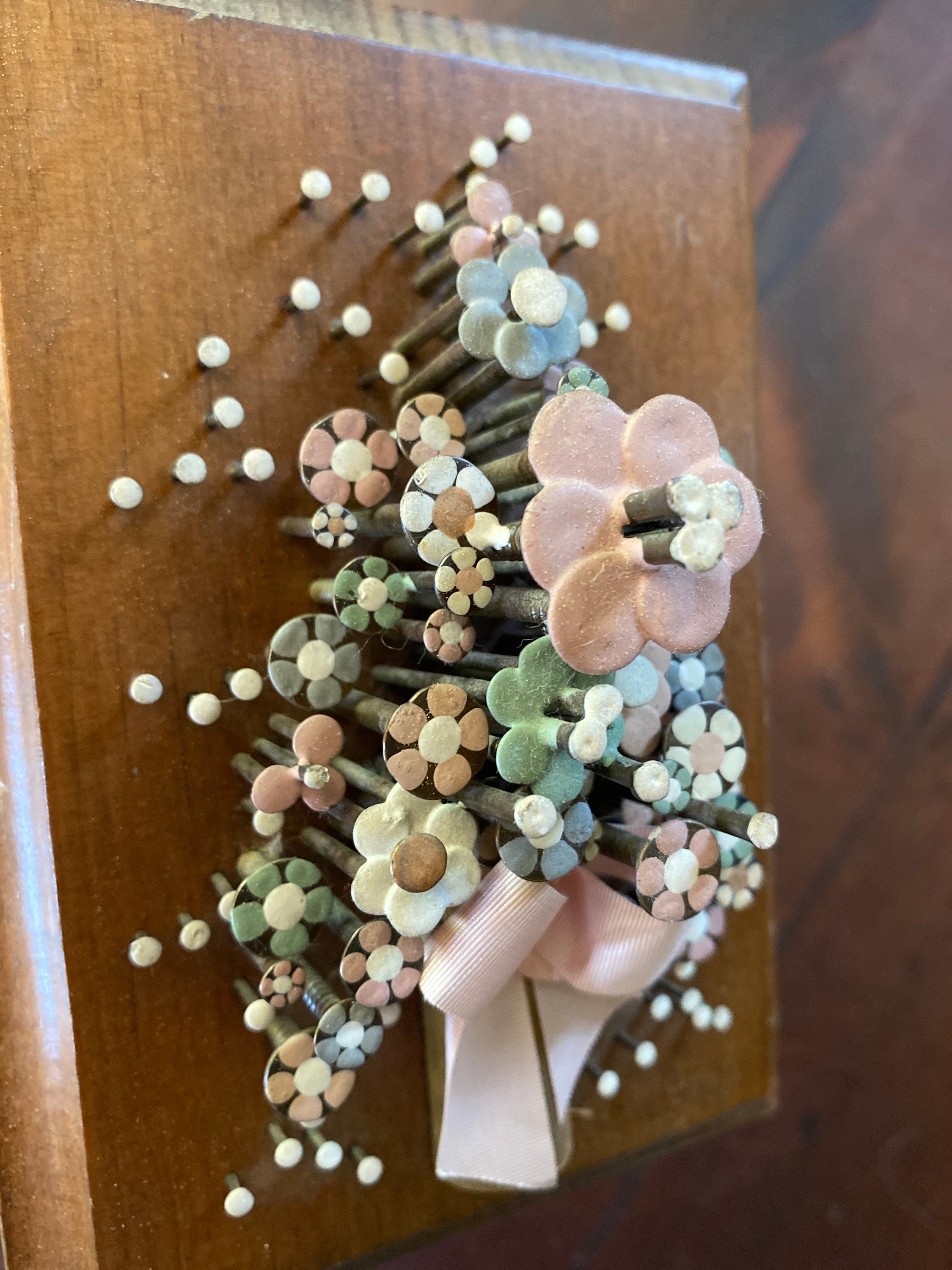 Vintage Nail Flower Art Wall Hanging Decor Wood Plaque 6 1/2 Etsy