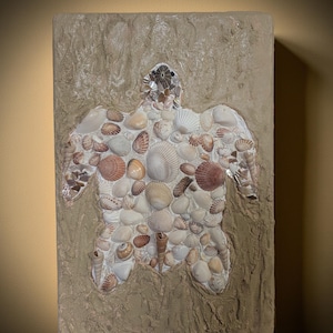 May include: A rectangular wall art piece featuring a turtle shape made of various seashells. The seashells are in shades of white, tan, and brown, set against a textured, sandy-colored background. The turtle's head is detailed with smaller shells.