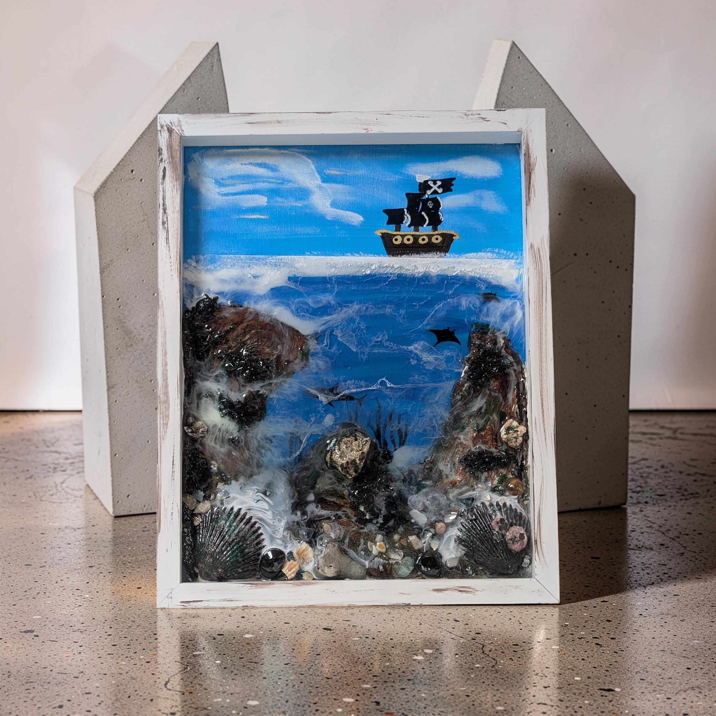 Pirate Ship Shadow Box Art, Underwater Scene With Sharks Stingray ...